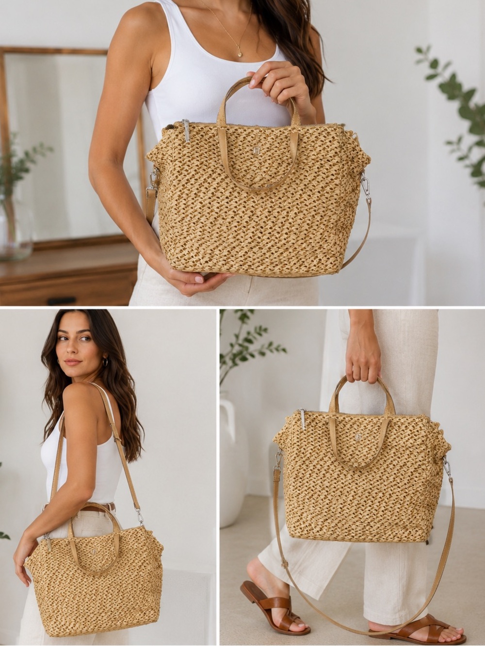 Eric Javits New York Woven Raffia Tote Bag Natural Beige Orange Lining